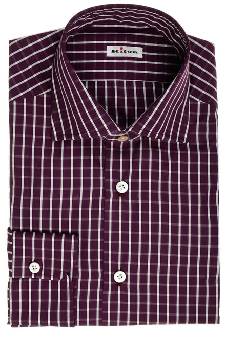Kiton Napoli Purple White Check Fine Cotton Men's Italian Dress Shirt