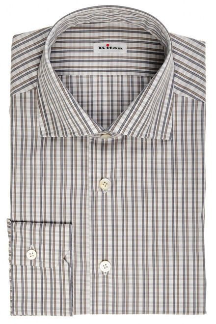 Kiton Napoli Navy Blue Brown Check Fine Cotton Men's Italian Dress Shirt
