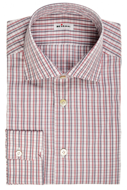 Kiton Napoli Red Navy Blue Check Fine Cotton Men's Italian Dress Shirt