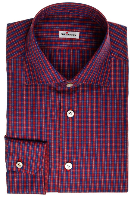 Kiton Napoli Red Blue Check Fine Cotton Men's Italian Dress Shirt