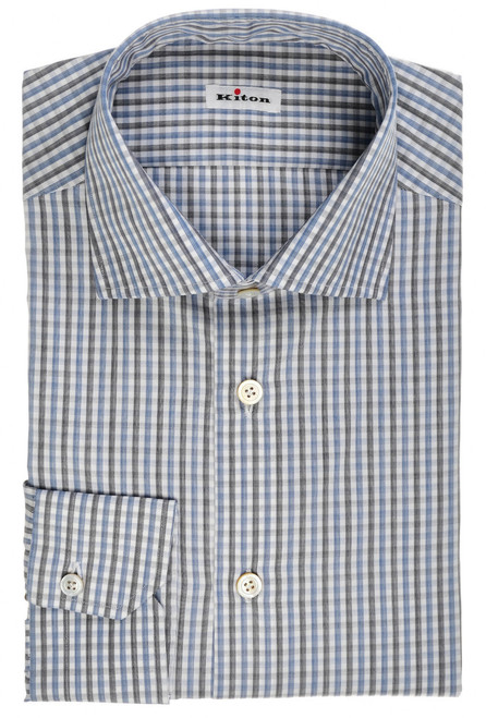 Kiton Napoli Blue Black Check Superfine Cotton Men's Italian Dress Shirt