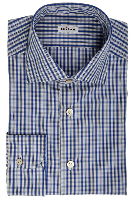 Kiton Napoli Blue Gray Check Superfine Cotton Men's Italian Dress Shirt