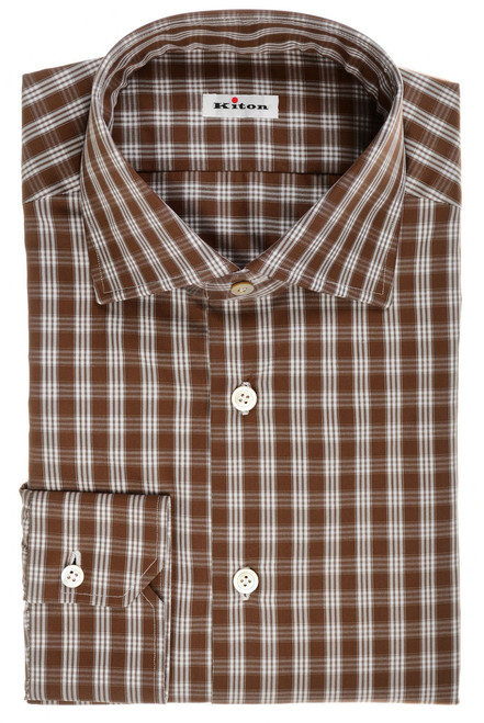 Kiton Napoli Brown White Check Superfine Cotton Men's Italian Dress Shirt