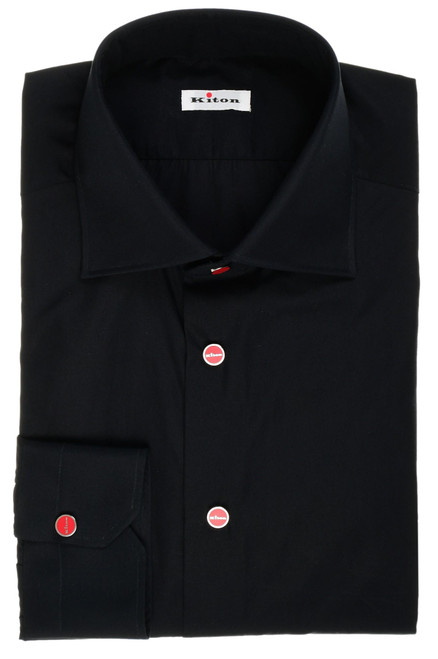 Kiton Napoli Black Solid Superfine Cotton Men's Italian Dress Shirt