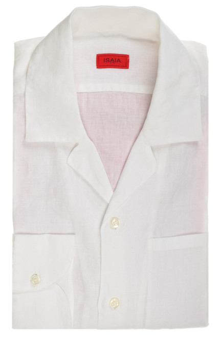 Isaia Napoli White Solid Linen Camp Collar Sport Shirt
