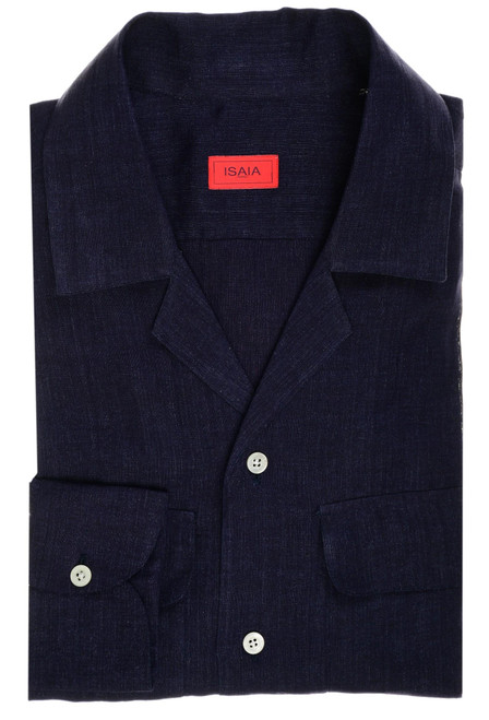 Isaia Napoli Dark Blue Solid Linen Camp Collar Chest Pockets Sport Shirt