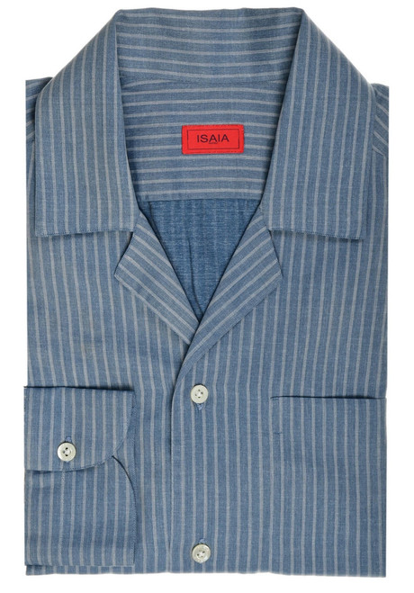 Isaia Napoli Blue Gray Stripe Cotton Camp Collar Sport Shirt