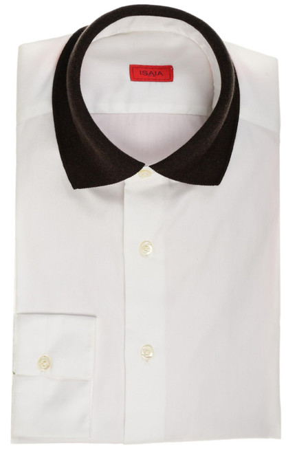 Isaia Napoli White With Brown Polo Collar Cotton Sport Shirt