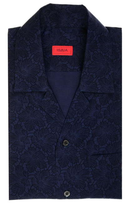 Isaia Napoli Blue Tonal Floral Cotton Camp Collar Sport Shirt