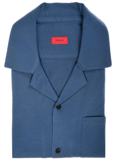 Isaia Napoli Blue Ultra Soft Wool Knit Camp Collar Sport Shirt