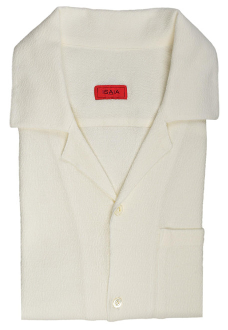 Isaia Napoli Ivory Cotton Crepe Knit Camp Collar Sport Shirt