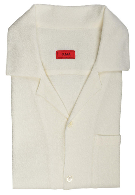 Isaia Napoli Ivory Cotton Crepe Knit Camp Collar Sport Shirt