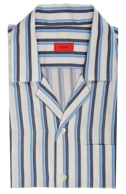 Isaia Napoli Blue White Stripe Cotton Silk Camp Collar Sport Shirt