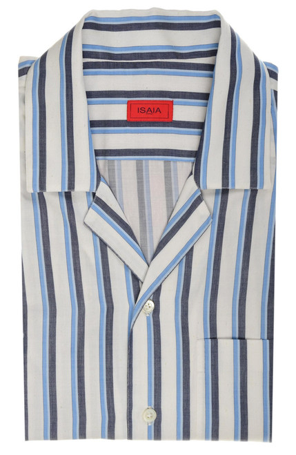 Isaia Napoli Blue White Stripe Cotton Silk Camp Collar Sport Shirt