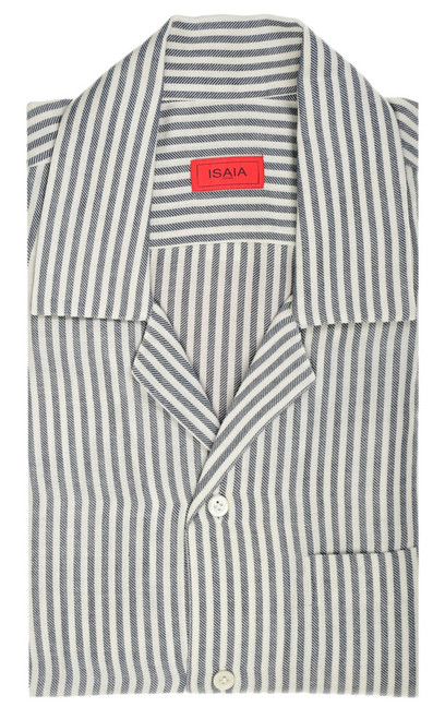 Isaia Napoli Blue Stripe Cotton Cashmere Camp Collar Sport Shirt