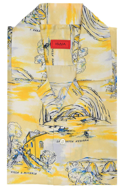 Isaia Napoli Yellow Blue Capri Print Silk Camp Collar Sport Shirt