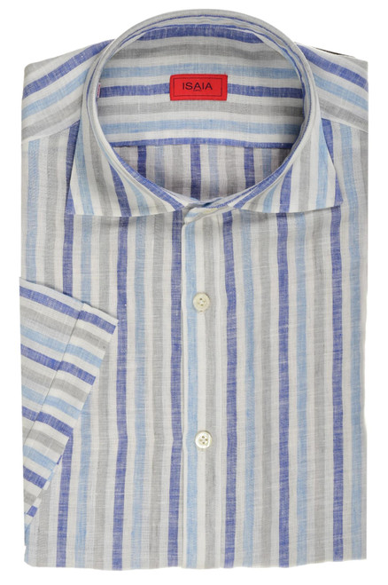 Isaia Napoli Blue Gray White Stripe Linen Spread Collar Italia Sport Shirt