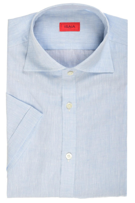 Isaia Napoli Light Blue Linen Spread Collar Italia Sport Shirt