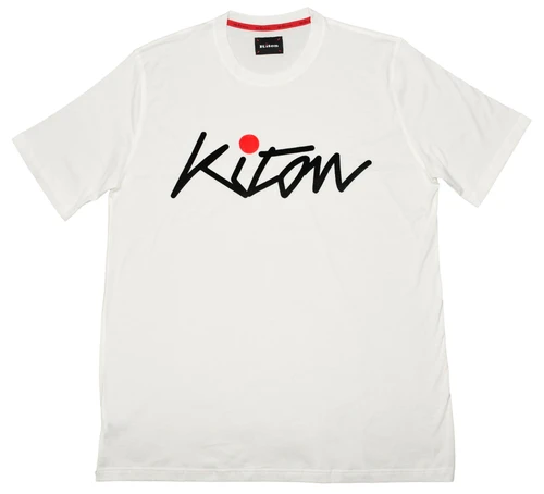 Kiton Napoli White Solid With Velvet Big Logo Cotton T-Shirt