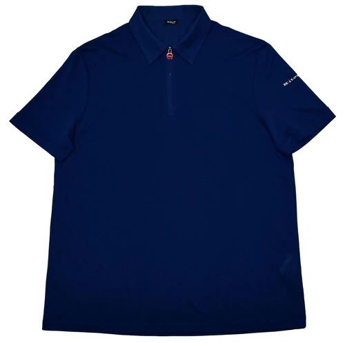 Kiton Napoli Blue Fine Cotton Pique Zip Polo With Logo Sleeve