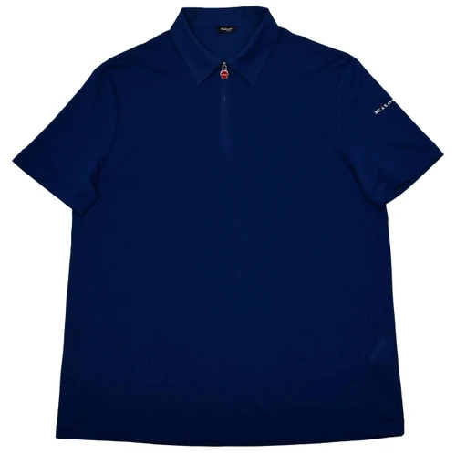 Kiton Napoli Blue Fine Cotton Pique Zip Polo With Logo Sleeve