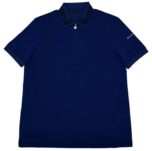 Kiton Napoli Blue Fine Cotton Pique Zip Polo With Logo Sleeve