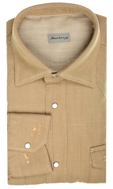 Sartorio Napoli Khaki Brown Cotton Texas Western Denim Sport Shirt