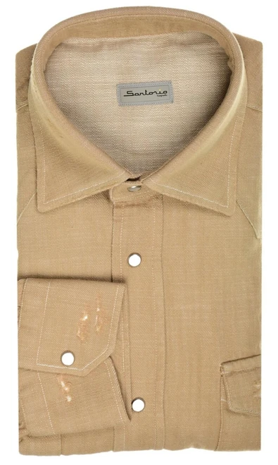 Sartorio Napoli Khaki Brown Cotton Texas Western Denim Sport Shirt
