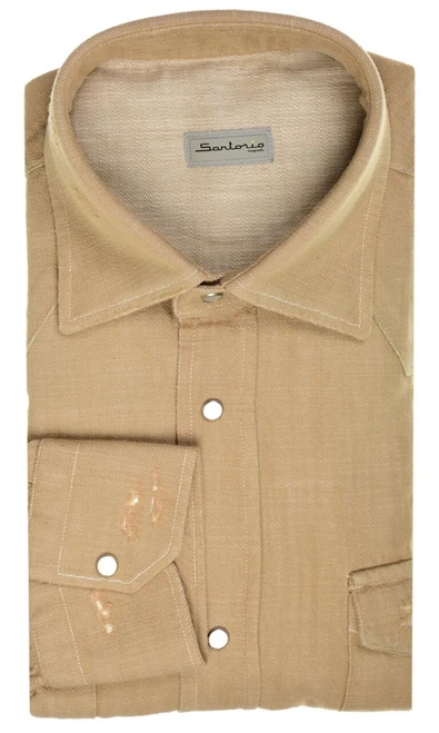 Sartorio Napoli Khaki Brown Cotton Texas Western Denim Sport Shirt