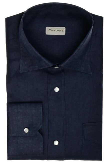Sartorio Napoli Dark Navy Blue Texas Western Linen Sport Shirt
