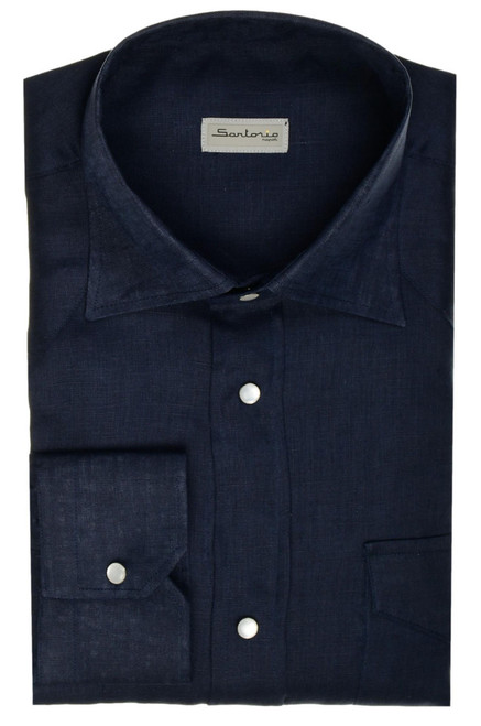 Sartorio Napoli Texas Linen Shirt Size 16 Dark Navy Blue