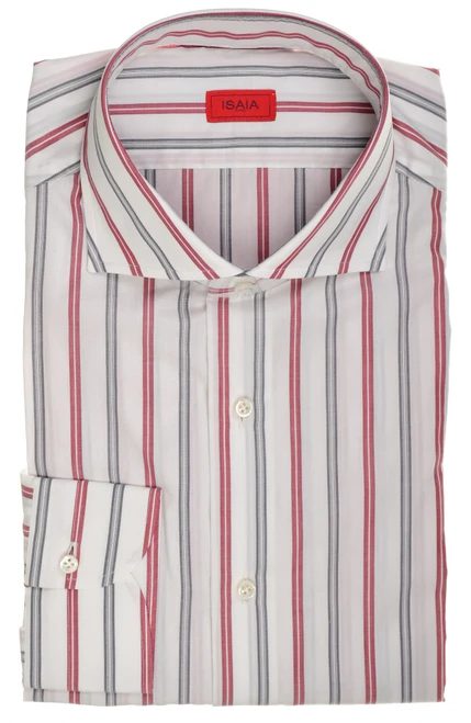 Isaia Napoli Mix Dress Shirt Burgundy Gray White Stripe Cotton Spread Collar