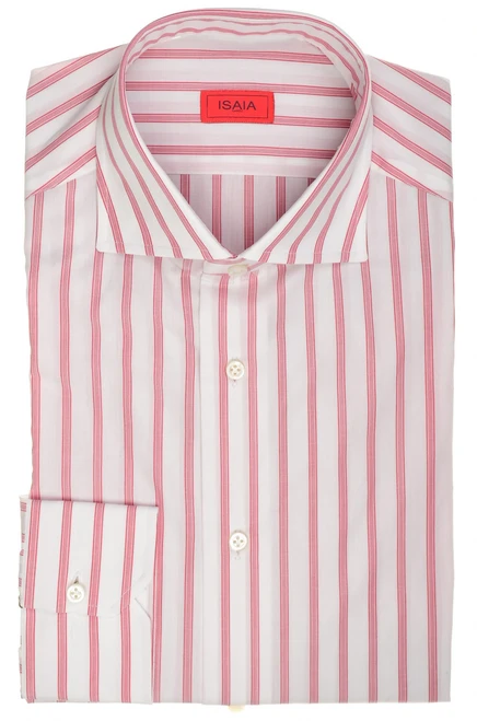 Isaia Napoli Mix Dress Shirt Red White Stripe Cotton Spread Collar
