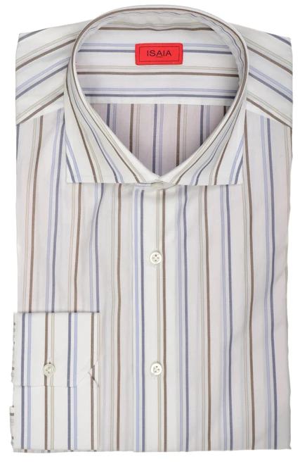 Isaia Napoli Mix Dress Shirt Blue Brown White Stripe Cotton Spread Collar
