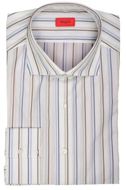 Isaia Napoli Mix Dress Shirt Blue Brown White Stripe Cotton Spread Collar