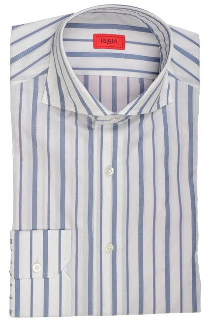 Isaia Napoli Mix Dress Shirt Blue White Stripe Cotton Spread Collar