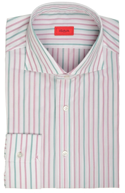 Isaia Napoli Mix Dress Shirt Purple Green White Stripe Cotton Spread Collar
