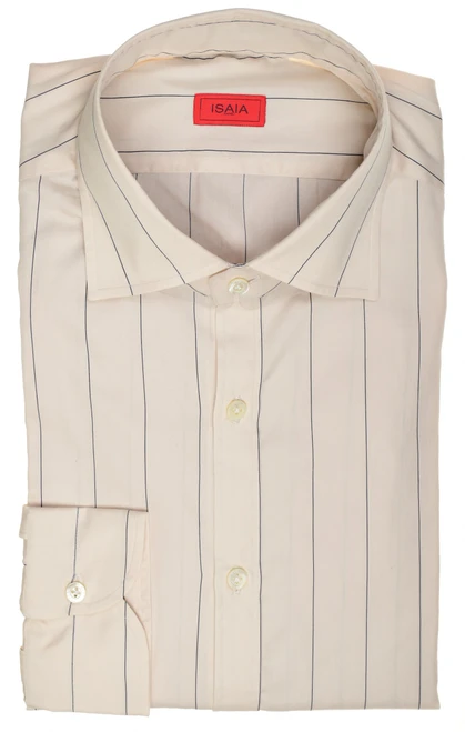 Isaia Napoli Mix Sport Shirt Beige Navy Blue Stripe Cotton Silk Spread Collar