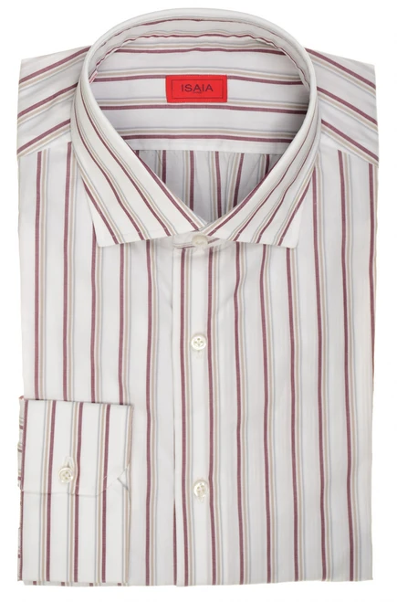 Isaia Napoli Mix Dress Shirt Burgundy Brown Gray White Stripe Cotton Spread Collar