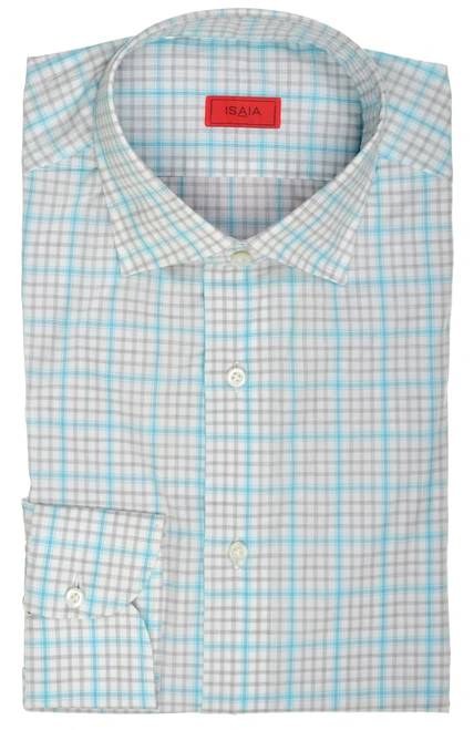 Isaia Napoli Mix Dress Shirt Gray Aqua Blue Check Cotton Spread Collar
