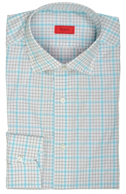 Isaia Napoli Mix Dress Shirt Gray Aqua Blue Check Cotton Spread Collar