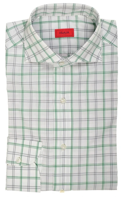 Isaia Napoli Mix Dress Shirt Green Gray White Check Cotton Spread Collar