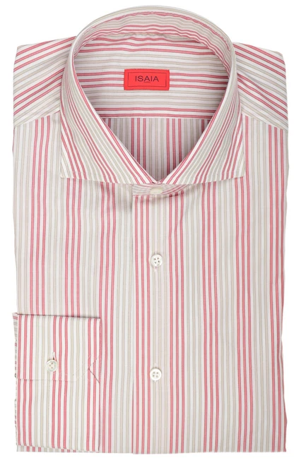 Isaia Napoli Mix Dress Shirt Red Brown Stripe Cotton Spread Collar