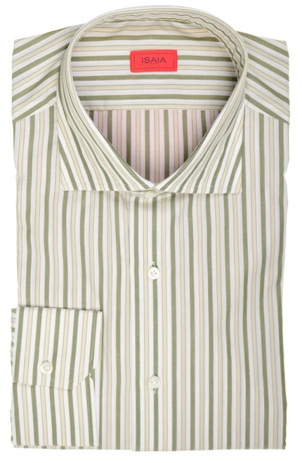 Isaia Napoli Mix Dress Shirt Green Beige White Stripe Cotton Spread Collar