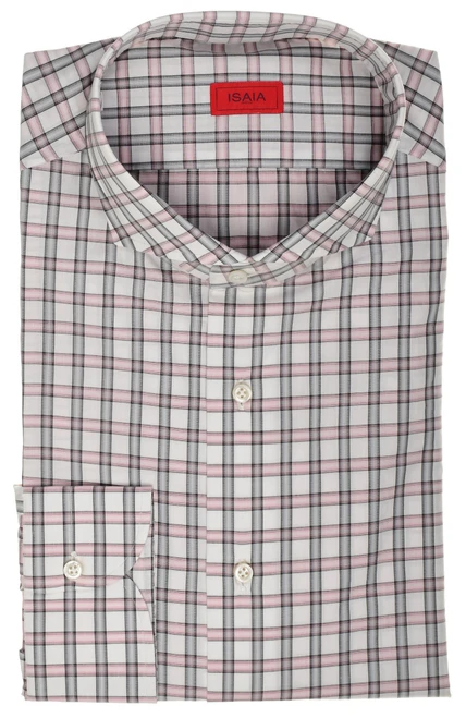 Isaia Napoli Mix Dress Shirt Pink Gray Check Cotton Spread Collar