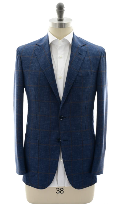 Sartorio Napoli Blue Brown Windowpane Virgin Wool Sport Coat
