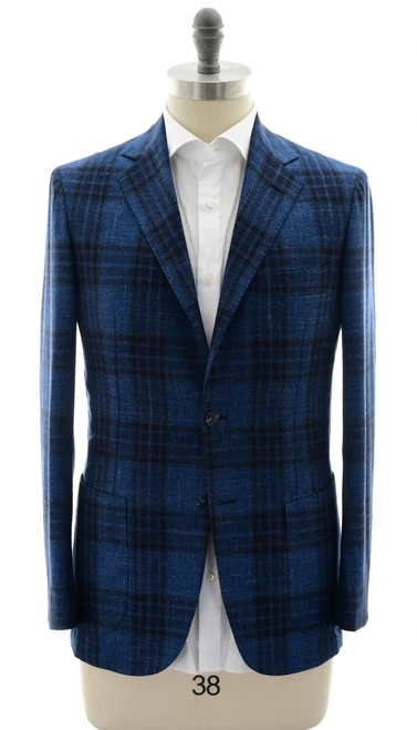 Sartorio Napoli Blue Black Plaid Virgin Wool Silk Linen Sport Coat