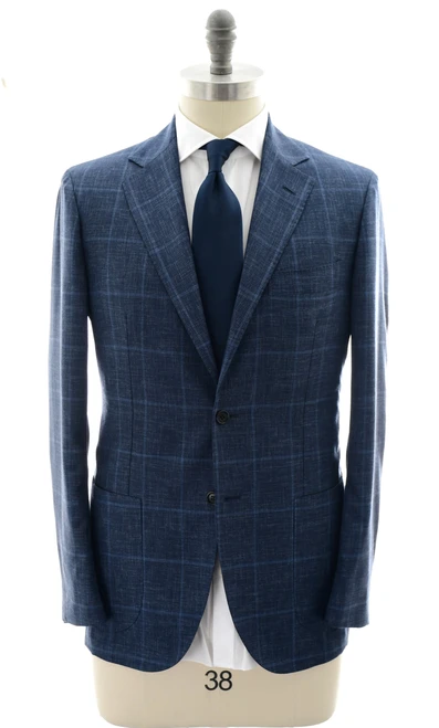 Sartorio Napoli Blue Windowpane 100% Virgin Wool Suit