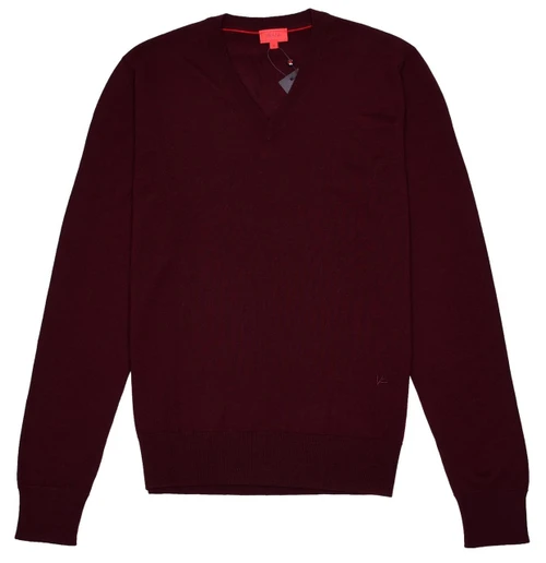 Isaia Napoli Burgundy Sweater V-Neck Superfine Wool Knit