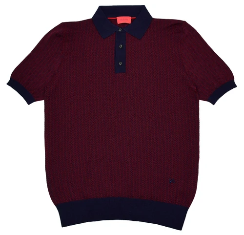 Isaia Napoli Blue Burgundy Short Sleeve Sweater Polo Superfine Silk Cashmere Knit